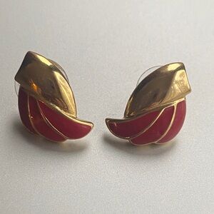 Trifari vintage Gold and Red Leaf Earrings